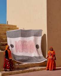 Hand Block Printed Reversible Cotton Kantha Quilt - Moon Phase Abstract Totem Bedding - thumbnail 1