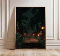 Japanese Forest Path Poster, Night Lantern Landscape Art Print in Detailed Illustration Style - thumbnail 1