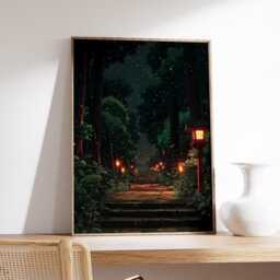 Japanese Forest Path Poster, Night Lantern Landscape Art Print in Detailed Illustration Style - thumbnail 2