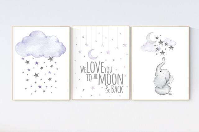 Purple Elephant Nursery Prints Cloud & Stars Wall Art - image 1