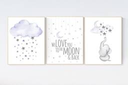 Purple Elephant Nursery Prints Cloud & Stars Wall Art - thumbnail 1