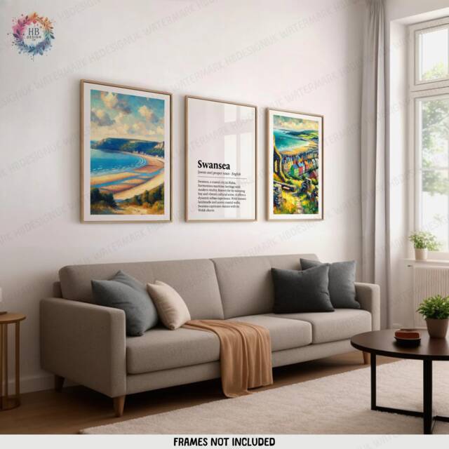 Swansea Poster Prints - Set Of 3 Posters - Watercolour Wall Art Decor Travel Wales Hanging Artwork Gift UK Painting - image 1