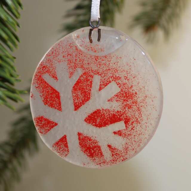 Round Glass Pendant Of Murano White Opal With Snowflake - Christmas Decoration in Melted For Tree, Garland Or Window