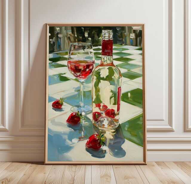Ros?? Wine Poster, Strawberry Table Print, Kitchen Wall Art - image 1