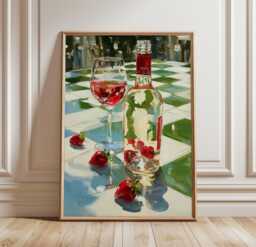 Ros?? Wine Poster, Strawberry Table Print, Kitchen Wall Art - thumbnail 1