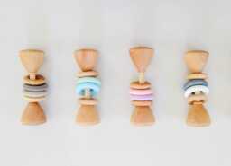 Color Block Wooden Baby Rattle Montessori Toy With Silicone Rings