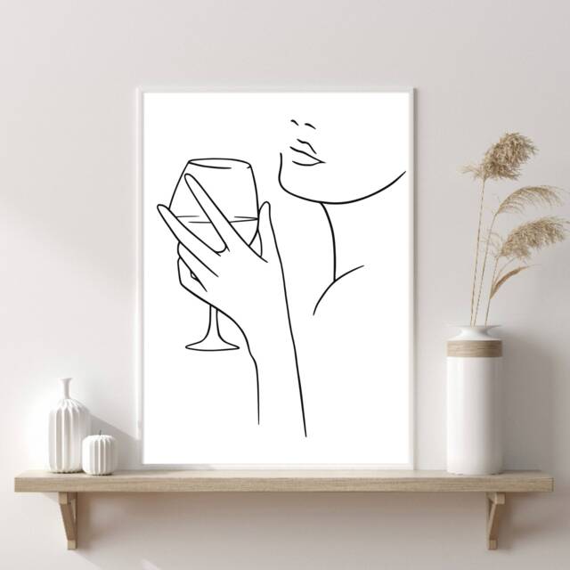 Woman Line Drawing, Single Art, Female Art Print, Wine Lover Gift, Home Decor, Kitchen Prints, Bar, Gifts, Prints - image 1