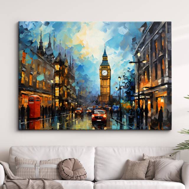 London Big Ben Red Phonebox Parliament Landmark Oil Painting Style Wall Art, Framed Calming Canvas Poster Print Home/Office Room Decor Gifts - image 1
