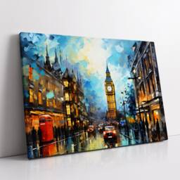 London Big Ben Red Phonebox Parliament Landmark Oil Painting Style Wall Art, Framed Calming Canvas Poster Print Home/Office Room Decor Gifts - thumbnail 2