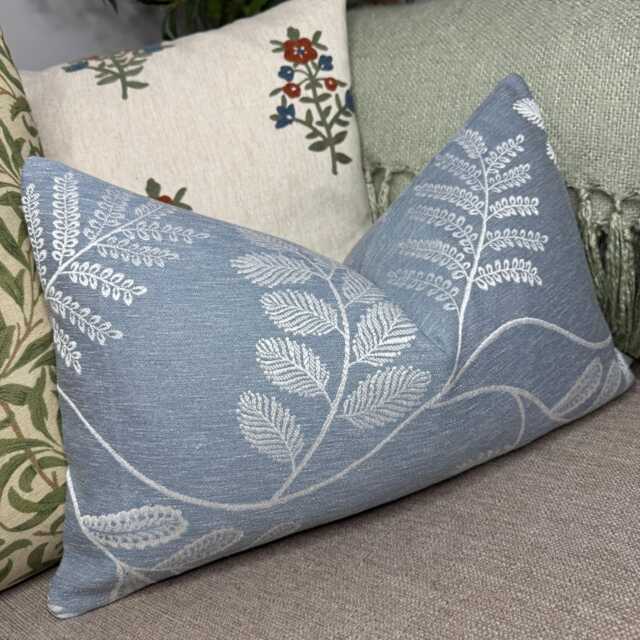 Embroidered Blue Lumbar Pillow Cover Audette Denim, French Country Decor - image 1