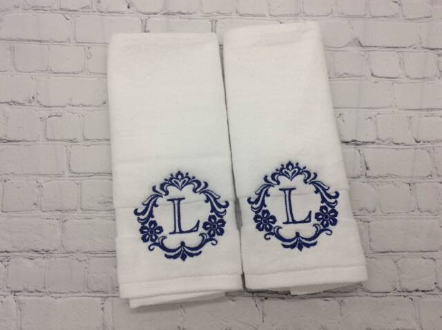 Set Of 2 Monogrammed Hand Towels, Damask Bath Decor, Unique Personalized Housewarming Gift, For Custom Wedding Or Cotton 2nd Anniversary - image 1