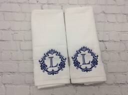 Set Of 2 Monogrammed Hand Towels, Damask Bath Decor, Unique Personalized Housewarming Gift, For Custom Wedding Or Cotton 2nd Anniversary