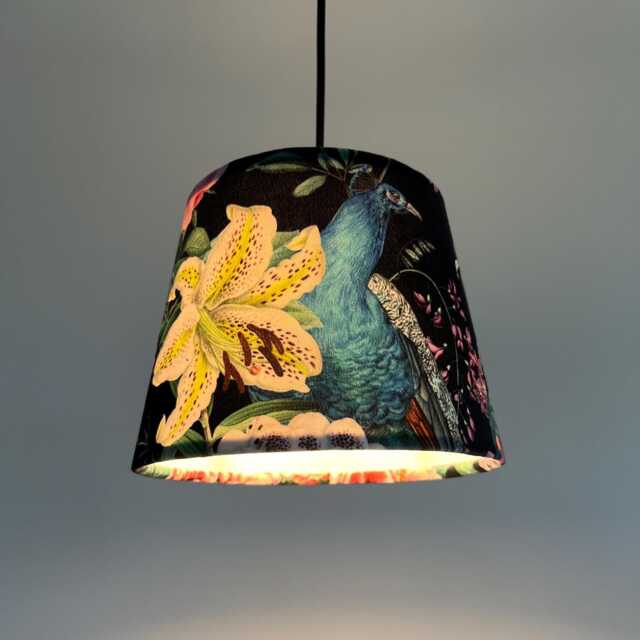 Peacock Floral Velvet Empire Lampshade, Black French Drum Shade - image 1