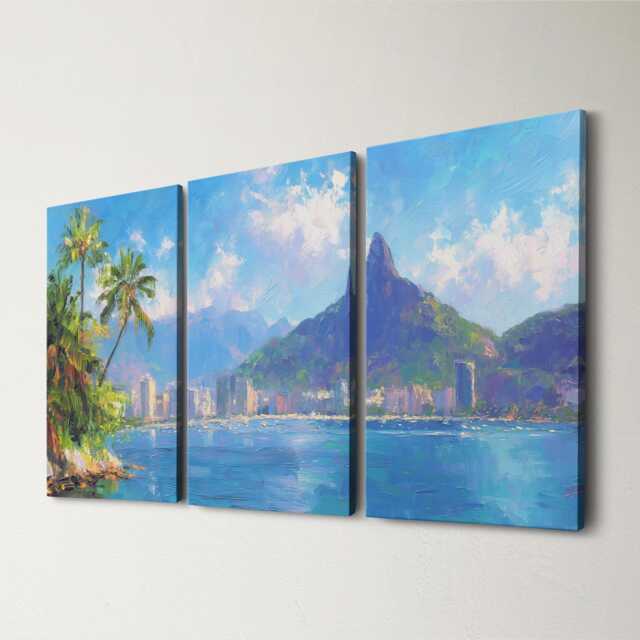 Rio De Janeiro Skyline 3 Panel Split Canvas Wall Art Christ The Redeemer Tropical Landscape Oil Painting Framed Home Decor Gift - image 1