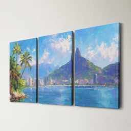 Rio De Janeiro Skyline 3 Panel Split Canvas Wall Art Christ The Redeemer Tropical Landscape Oil Painting Framed Home Decor Gift - thumbnail 1