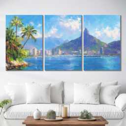 Rio De Janeiro Skyline 3 Panel Split Canvas Wall Art Christ The Redeemer Tropical Landscape Oil Painting Framed Home Decor Gift - thumbnail 2
