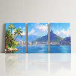 Rio De Janeiro Skyline 3 Panel Split Canvas Wall Art Christ The Redeemer Tropical Landscape Oil Painting Framed Home Decor Gift - thumbnail 3