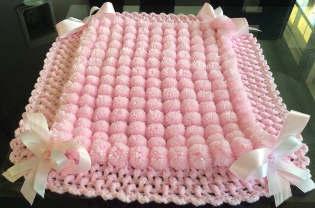 Pink Baby Pom Blanket, Crocheted Edge - image 1