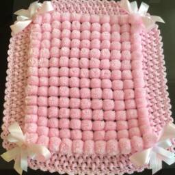 Pink Baby Pom Blanket, Crocheted Edge - thumbnail 2