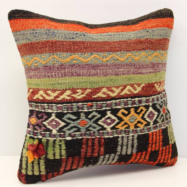 Handmade Kilim Pillow Cover 16x16, Turkish Boho Cushion - image 1