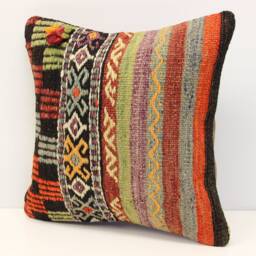 Handmade Kilim Pillow Cover 16x16, Turkish Boho Cushion - thumbnail 3
