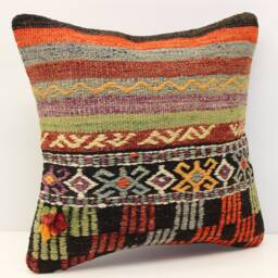 Handmade Kilim Pillow Cover 16x16, Turkish Boho Cushion - thumbnail 1