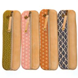 "Pencil Case Waxed Leather & Fabric Japanese " - thumbnail 3
