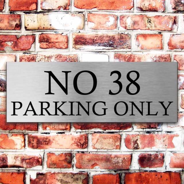 Brushed Silver Parking Sign Personalised X 3 Sizes Aluminium Strong Double Sided Sticky Pads Easy To Fit Personalized Gift For Him - image 1