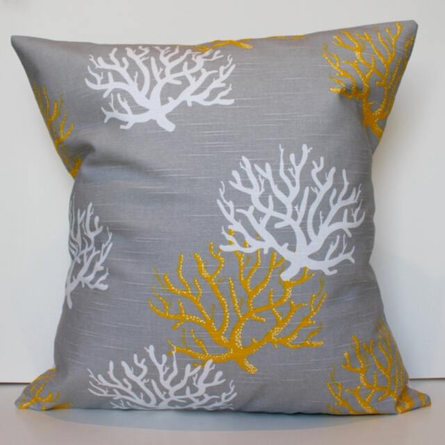New 18x18 Inch Designer Handmade Pillow Case in White & Yellow Coral On Grey