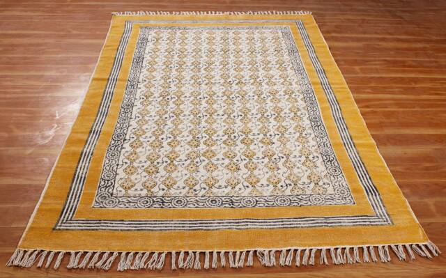Handmade Yellow Cotton Rug, Block Print Boho Area Rug - image 1