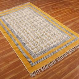 Handmade Yellow Cotton Rug, Block Print Boho Area Rug - thumbnail 2