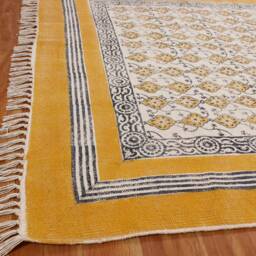 Handmade Yellow Cotton Rug, Block Print Boho Area Rug - thumbnail 3
