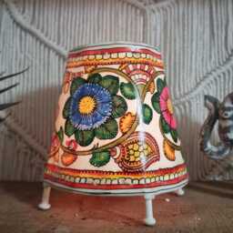 Hand-Painted Leather Lampshade Tribal Floral Design, Boho Home Decor - thumbnail 3