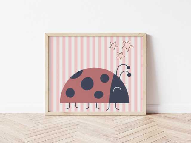 Girls Pink Ladybird Wall Print, Kids Decor, Cute Bug Decor For Childs Bedroom, Prints Only - image 1