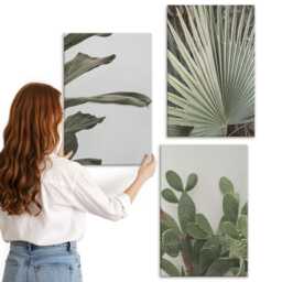 Canvas Wall Art Set Of 3 - Leaves Tropical Plants in Pastel Colors, Green Print, & Flowers Hanging Piece - thumbnail 2