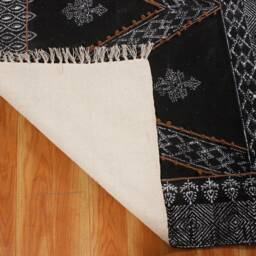 Black Geometric Hand Block Print Cotton Rug, Indian Kilim Dhurrie, Boho Area Rug - thumbnail 4