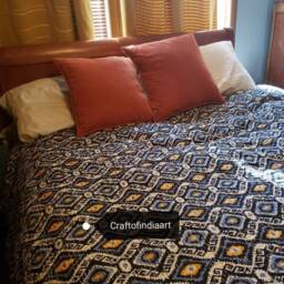 Block Print Queen Kantha Quilt, Geometric Indian Bedspread - thumbnail 4