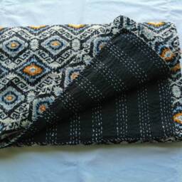 Block Print Queen Kantha Quilt, Geometric Indian Bedspread - thumbnail 2