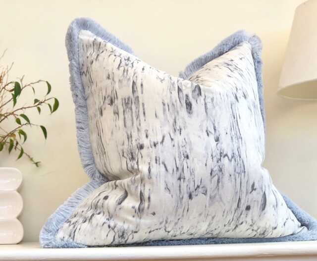 Blue/Grey Cushion Cover - Luxury Pillow With Fringe Trim Marble - image 1