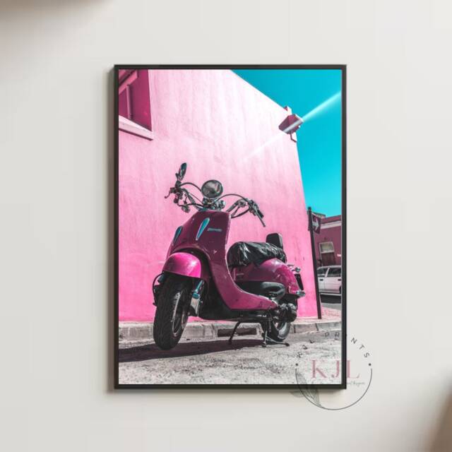 Retro Wall Print, Diner, Colourful , Pink Scooter, 80S, Cafe Kitchen Print