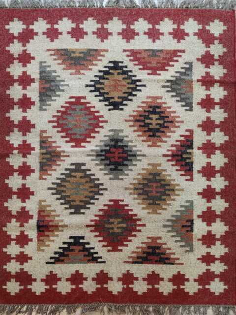 Handwoven Wool Jute Kilim Rug - Red Tribal Geometric Flatweave Carpet Boho Area - image 1