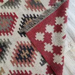 Handwoven Wool Jute Kilim Rug - Red Tribal Geometric Flatweave Carpet Boho Area - thumbnail 4