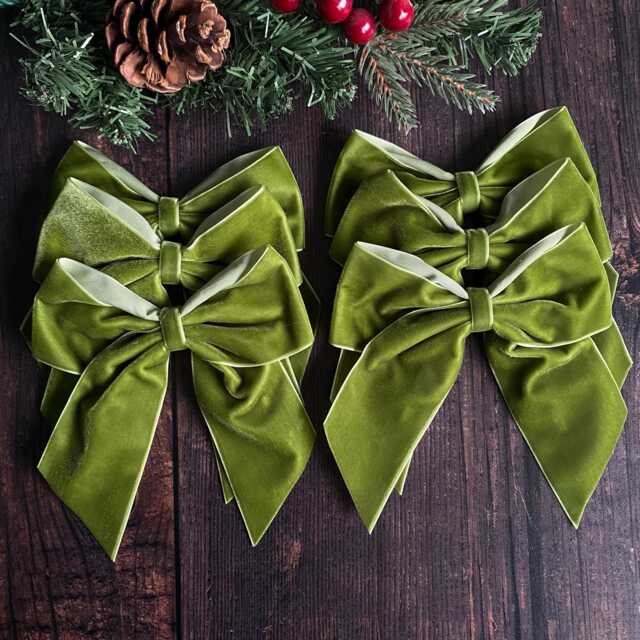 Olive Green Velvet Christmas Tree Bows, Bows For Tree, Green Decorations, 5.5 Inch, Pack Of 6 - image 1