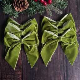 Olive Green Velvet Christmas Tree Bows, Bows For Tree, Green Decorations, 5.5 Inch, Pack Of 6 - thumbnail 1