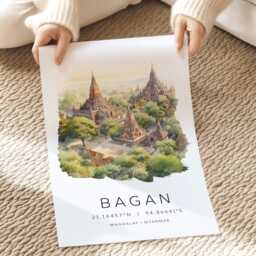 Myanmar Travel Print, Bagan Temples in Myanmar, Asia, Art Gifts, Print With Map Coordinates, Wall Decor - thumbnail 2