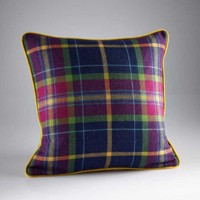 Navy Blue Checked Wool Cushion - Velvet Reverse, Feather Filled Made in England - image 1