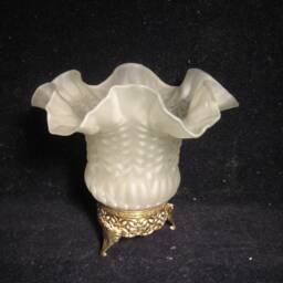 Victorian Hand Blown Re-Purposed Votive Candle Holder Opaque Glass W/Ruffled Rim Tri-Footed - thumbnail 1