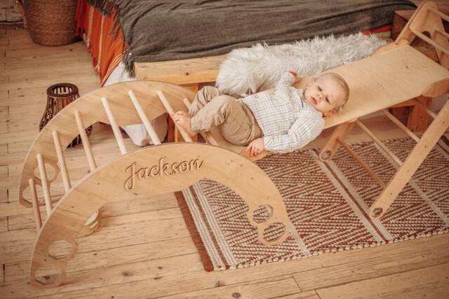 Montessori Set Of Three Items - Climbing Arch + Foldable Triangle Ladder/Slide, Wood Play Gym Furniture - image 1