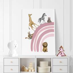 Pink Safari Animal Nursery Prints Rainbow Hot Air Balloon Art, Set Of 3 - thumbnail 3