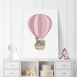 Pink Safari Animal Nursery Prints Rainbow Hot Air Balloon Art, Set Of 3 - thumbnail 2